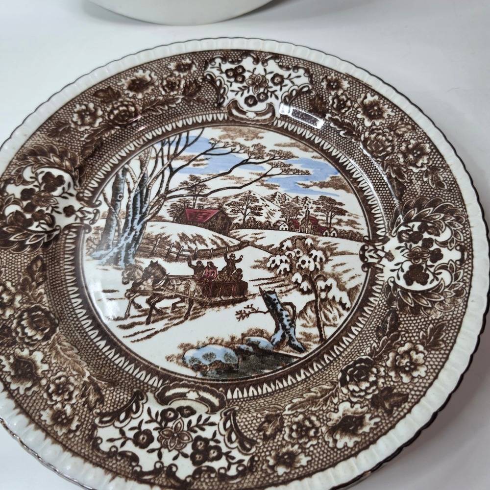 4 Vtg Ideal Ironstone IDE Bros Sleigh Ride Plates Japan Winter Scene 9 inch READ